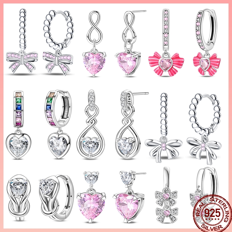 Tie Clip Silver - ใหม่ 925 เงินสเตอร์ลิงสุภาพสตรีเจ้าหญิงอัญมณีสีชมพูโบว์หวานหัวใจออกแบบต่างหูเหมาะสําหรับ Fit Party ประณีตเครื่องประดับของขวัญ