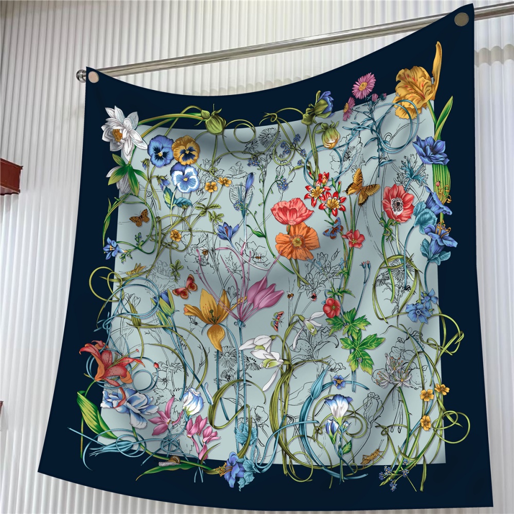 Silk Neck Scarf - ผ้าพันคอผ้าไหมผู้หญิงดอกไม้พิมพ์ผ้าพันคอสแควร์หัว Echarpes ผ้าไหม Foulards Femme Wraps