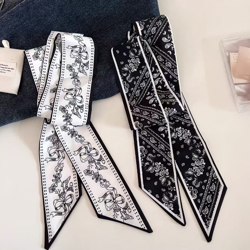 Ascot Neck Scarf - ผ้าพันคอ Paisley สีดำขาวสองด้าน ผ้าพันคอเสื้อเชิ้ต ผ้าพันคอประดับผม สายคล้องกระเป๋า