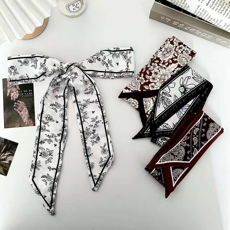 Silk Neck Scarf - ผ้าพันคอไหมแฟชั่นหรูหราสำหรับผู้หญิง ผ้าพันคอไหมยาว ผ้าพันคอไหมผืนเล็ก ผ้าพันคอผูกผม ผ้าพันคอผูกกระเป๋า ผ้าพันคอผูกผมลายดอกไม้